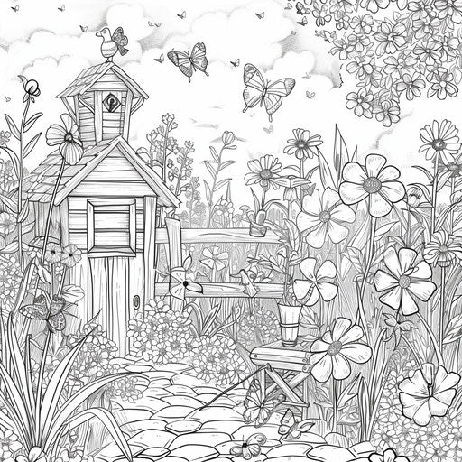 Flower garden with butterflies and birdhouse