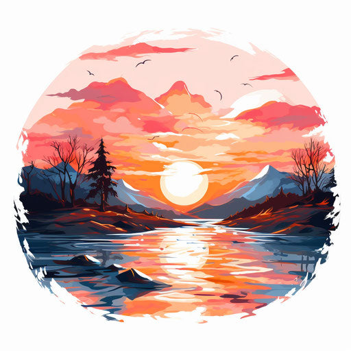 Sunrise illustration in the style of oil painting on white background