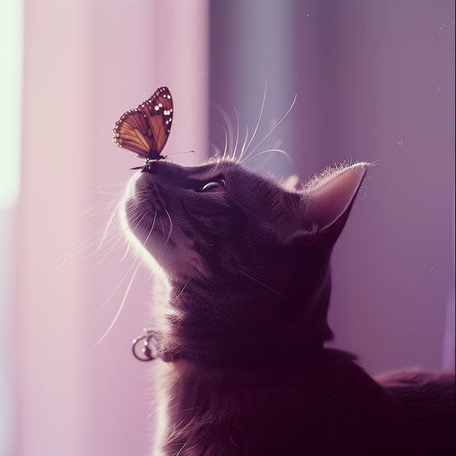 Cat with butterfly on nose, looking back