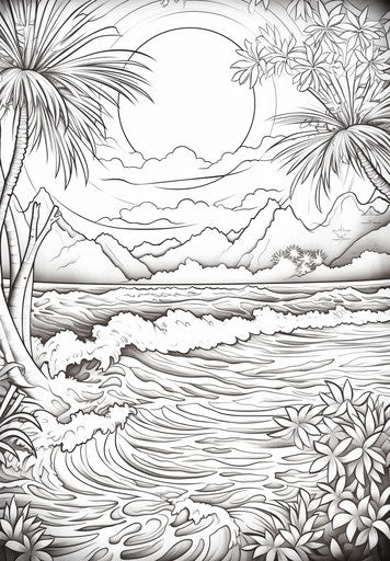 Beach with waves and palm trees coloring page, light landscapes style