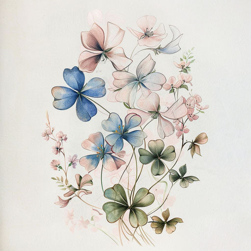 Floral shamrock tattoo intertwined with soft pastel flowers on white