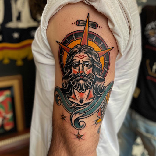 Divine tattoo with nautical themes, Sailor Jerry style