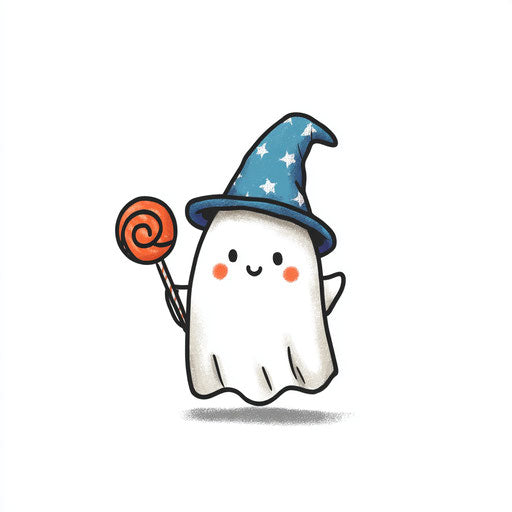 Cheerful ghost in wizard hat holding a lollipop