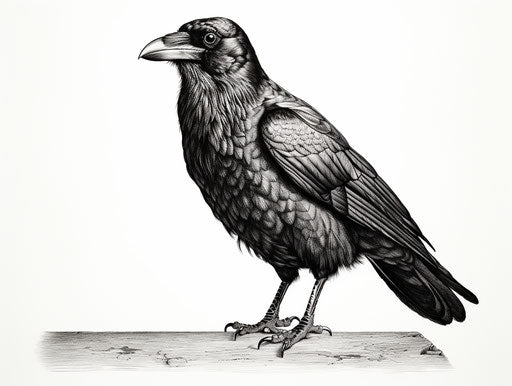 Black and white drawing of a raven, detailed miniature style