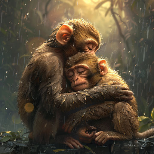 Monkeys cuddled in the rain