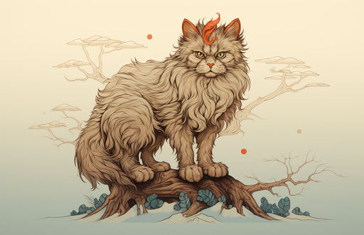 Lemon cat with big fur on a tree, light brown and red style, masculine 17:11