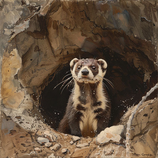 Black-footed ferret standing at burrow entrance after rainstorm