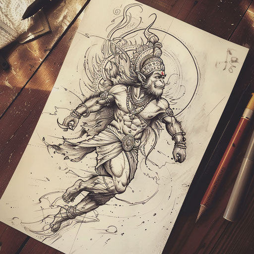 Artistic flat tattoo sketch of Hanuman flying with a sunset