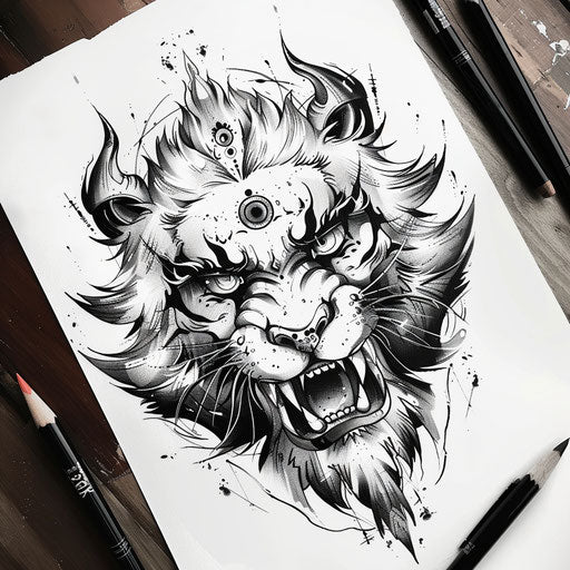 Bold tattoo sketch for a Sak Yant tattoo with a roaring lion head in a striking clipart style