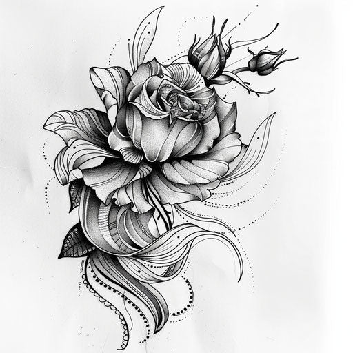 Dynamic flat tattoo sketch of a gypsy rose with petals flowing like fabric