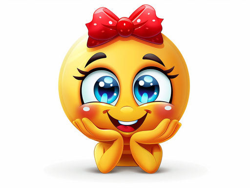 Cute emoji with red bow and blue eyes on transparent background