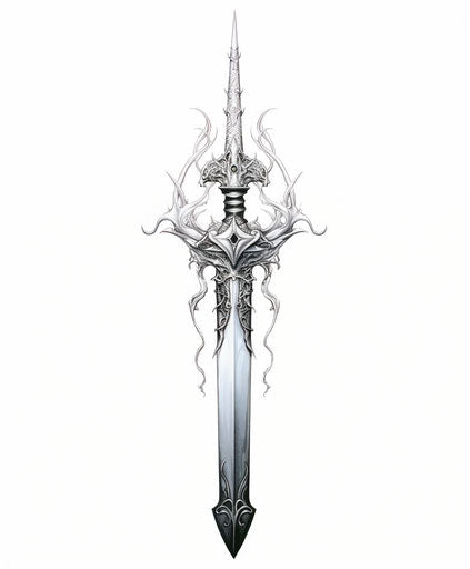 Dragon sword drawing in white ink in misty gothic style