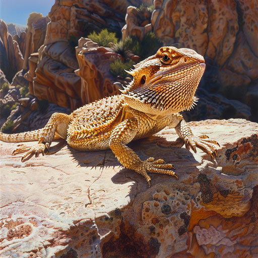 Bearded dragon basking on a sunlit rock