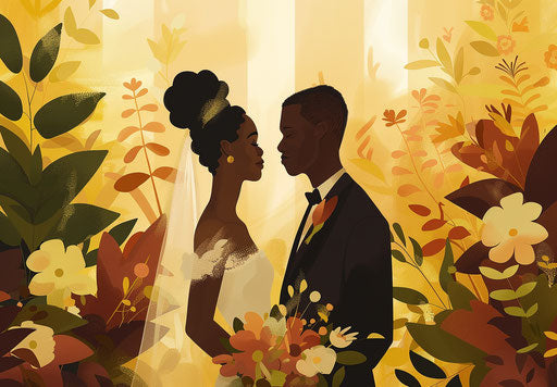 Black couple's wedding day in animated gif style, color blocks, ferrania p30, full body, illustrative