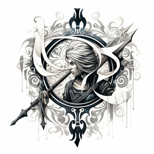 Drawing of a sai and an arrow tattoo design on open background