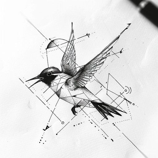 Minimalist geometric swallow tattoo in black and white