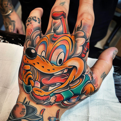 Hand tattoo designs with a cartoon character, in the style of Steve Sack