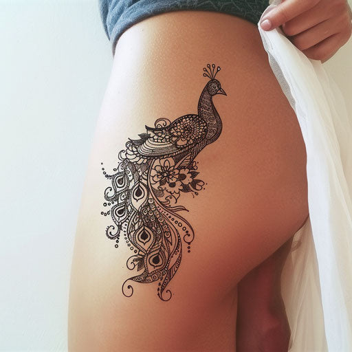 Henna-inspired peacock tattoo, delicate patterns on white