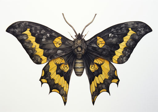 Moth with skull and crossbones in black and yellow watercolor