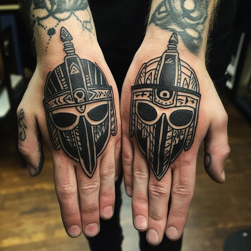 Simple hand tattoos inspired by Glenn Fabry with warrior symbols and helmets