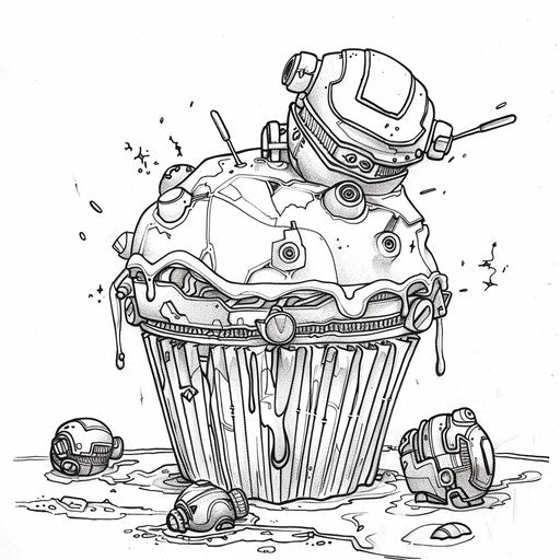 Futuristic cupcake with robotic elements in the style of Hideo Kojima Coloring book page
