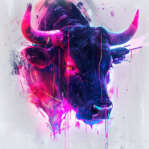 Futuristic cyberpunk bull tattoo with neon accents