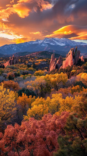 Garden of the gods with Pikes Peak in background at sunset