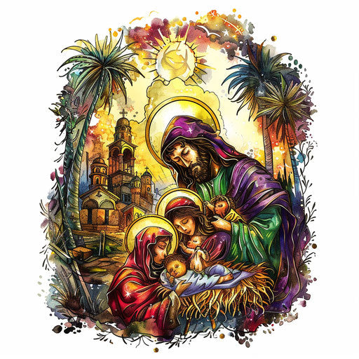 Biblical Nativity scene as colorful tattoo on white background