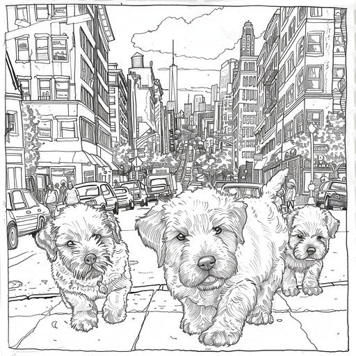 Puppies exploring a bustling cityscape in the style of Stephen Wiltshire Coloring book page