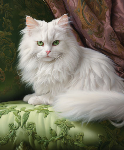 Gorgeous cat with green eyes and white fur in magenta and green style