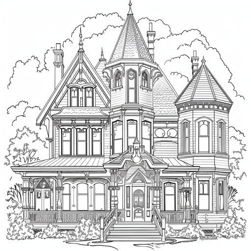 Intricate Victorian house with details, coloring book page