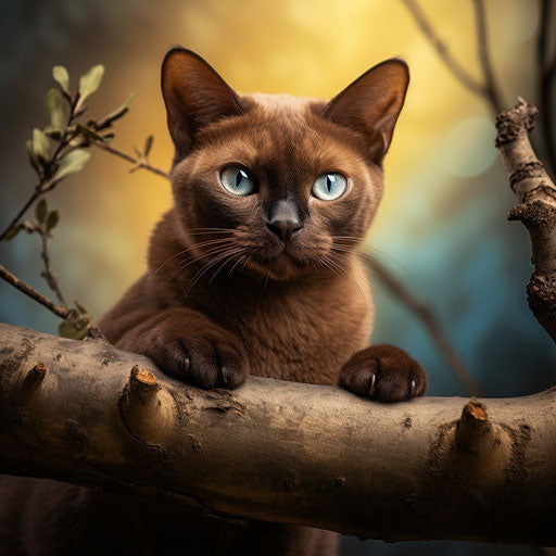Burmese cat lying on a tree branch