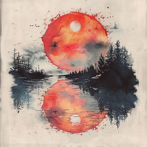 Elegant flat tattoo sketch with watercolor effects of a riverside sunset