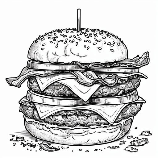 Burger with cheese, bacon, and avocado - Coloring book page