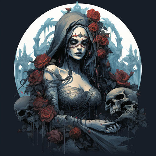 The skull and the girl with roses on their hands