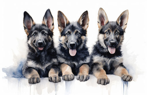 Three German shepherd puppies on white background, karencore style