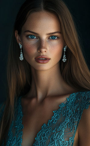 Stunning supermodel with long hair and blue eyes in teal lace dress, diamond earrings, professional portrait-style photo with natural lighting, focusing on upper body