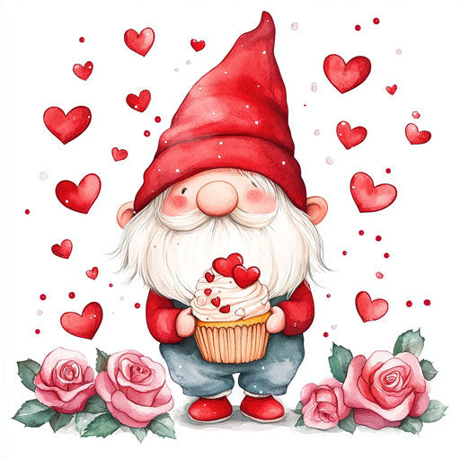 Valentine's Day gnome with red hat and cupcake