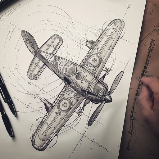 Nordic inspired tattoo sketch of a viking longship styled airplane