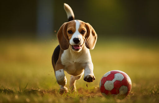 Beagle with a ball in a grass field