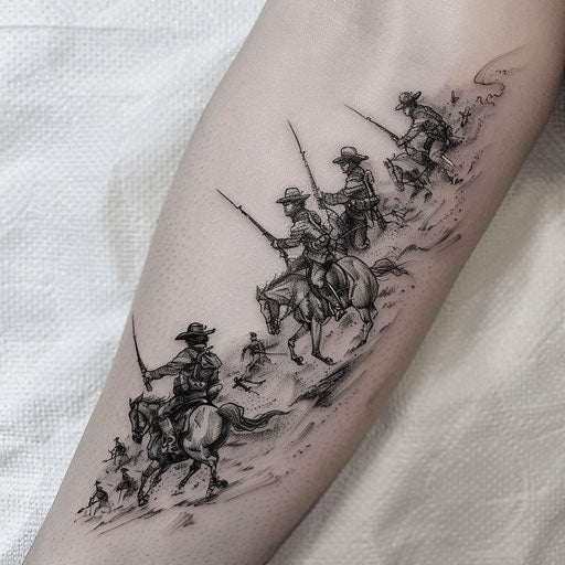Battlefield scene with soldiers, intricate black ink tattoo on white sheet