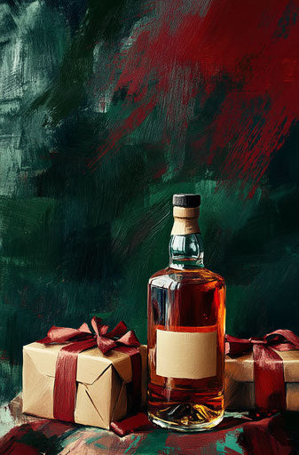 Whisky bottle next to wrapped gifts on deep red and green background
