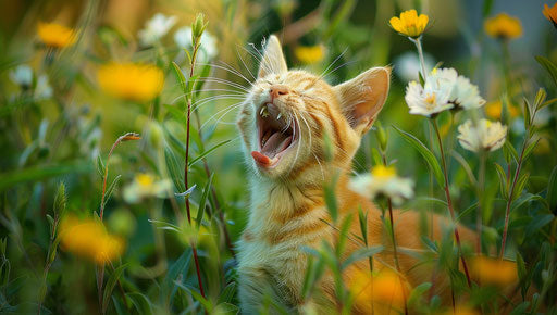 Photo collection of yellow cats yawning in the grass