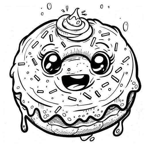 Cute donut with frosting, in the style of Stephen Wiltshire, Coloring book page