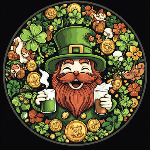 The leprechaun cat and shamrocks with gold coins and beers