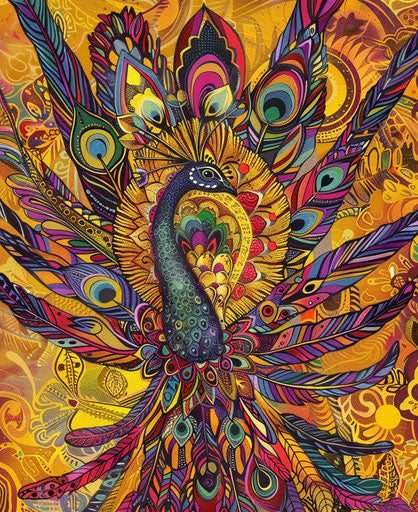 Stylized peacock in colorful paisley pattern with feathers, in the style of Shang dynasty, hopi art, vividly bold designs, yellow and red, manticore, heavy inking, dynamic line work 31:38