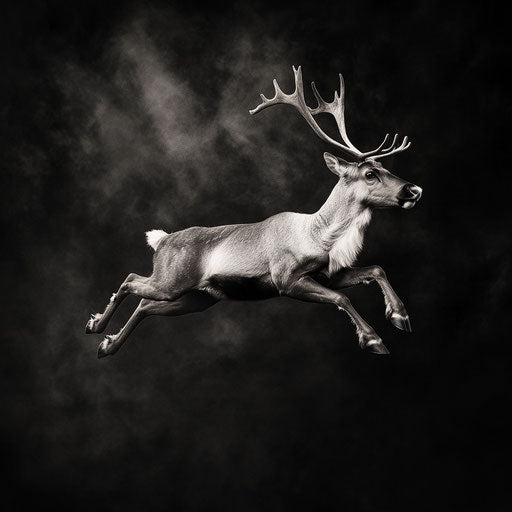 Powerful leap of a reindeer in black and white