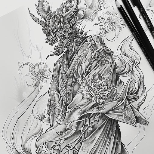 Elegant sketch of Japanese demon with flowing kimono