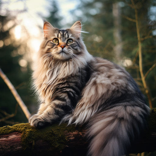 A Siberian cat lying on a tree branch
