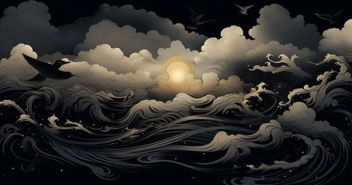 Abstract Chinese clouds and birds, dark black, tattoo-inspired